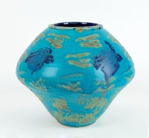 MICHAEL PUGH blue glazed pottery vase with turtle motif, incised "M. Pugh", ​​​​​​​30cm high, 33cm wide