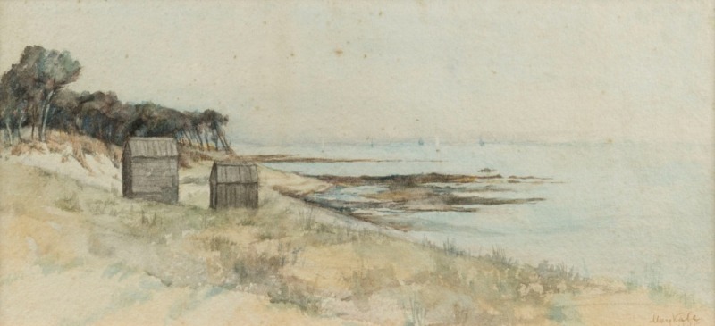 AMY MAY VALE (1862-1945), (Bathing Boxes, Port Philip foreshore), watercolour, signed lower right "May Vale, 1895", ​​​​​​​14 x 31cm, 28 x 44cm overall