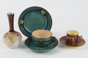 Six pieces of hand-painted porcelain ware including DORIS TILLEY and R.W. MILDRED,  the vase 15cm high