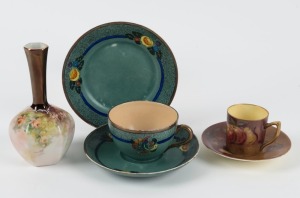 Six pieces of hand-painted porcelain ware including DORIS TILLEY and R.W. MILDRED, the vase 15cm high