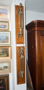 A pair of steamship valve gas lights with glass shades, mounted on boards, (electrified), 19th/20th century, 89cm high