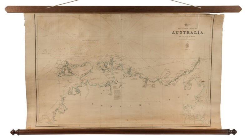 [GREAT BRITAIN - HYDROGRAPHIC DEPT. CHART], Chart of the north coast of Australia. by Phillip P. King, Commander R.N., 1818-21; with additions by Commanders Wickham and Stokes, 1839.; Sheet IV; J. Walker, sculpt. linen backed and displayed between oak han