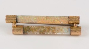 An antique Australian opal chip and yellow gold double bar brooch, housed in a fitted and branded box "SCOTT & WEHRLE Jewellers, Sydney", 19th century, 5.2cm wide