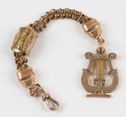 An antique Albertina fob chain in three tone rose, green and yellow gold, with lyre fob, 19th century, ​​​​​​​13cm long, 10.7grams