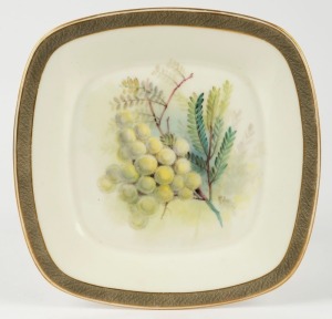 ROYAL WORCESTER "Wattle" hand-painted porcelain plate signed R. AUSTIN, circa 1917, puce factory mark, titled "Acacia discolous" retailed by FAVELLE BROTHERS Ltd. 22cm wide