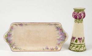 ANNE MITCHELL hand-painted porcelain tray, together with a MARY MacDONALD hand-painted porcelain vase, (2 items), signed "Anne F. Mitchell, 1929" and "M. MacDonald, 1931, Q", ​​​​​​​31cm wide and 20.5cm high