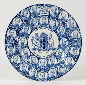 "NEW SOUTH WALES 150 YEARS OF PROGRESS - GOVERNORS OF NEW SOUTH WALES 1788-1938" blue and white English porcelain plate by Wood & Sons Ltd., Burslem, England, 27.5cm diameter