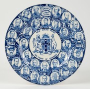"NEW SOUTH WALES 150 YEARS OF PROGRESS - GOVERNORS OF NEW SOUTH WALES 1788-1938" blue and white English porcelain plate by Wood & Sons Ltd., Burslem, England, 27.5cm diameter