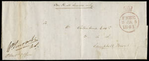 1841 (Jan.5) OHMS entire, Campbell Town local delivery between two doctors, Mr. William Seccombe, Principal Medical Officer and Dr William Valentine. (Short biographies of each incl.). Franked with fine red "FREE" frank. A rare early free frank.