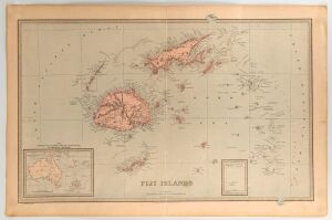 FIJI ISLANDS, with inset map showing the relative position of the Fiji Islands and the Australian Colonies, [Andrew Garran, The Picturesque Atlas, 1888],  engraved with colour, sheet size 43 x 66cm.