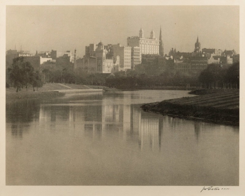 JOHN EATON (1881 - 1966), The Yarra, looking towards Flinders Street (closer view), bromoil photograph, signed 'John Eaton F.R.P.S.' in lower margin at right, 30 x 37.5cm (paper size).