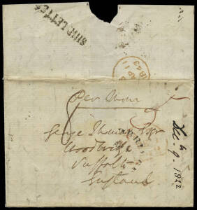 1842 (Dec.9) entire Hamilton to England 'per Mona' bearing Hobart PAID inwards country letter mark in red (early date), mss "8" in black & '5' in red and 11 April 1843 arrival backstamp alongside straight line SHIP LETTER h/stamp. The 'Mona' departed Laun
