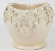 UNA DEERBON cream glazed pottery vase with applied grapes and leaves with facemask handles, incised "Una Deerbon", ​​​​​​​19cm high, 33cm wide - 2