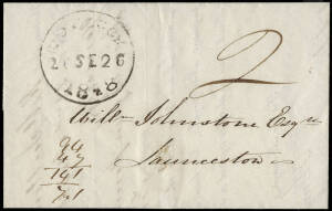 1848 (Sept.26) entire 'Bank of Australasia' dishonour notice, sent locally within Launceston with two fine strikes of the scarce "10 O'CLOCK' c.d.s of the Launceston Twopenny Post. Fine and attractive.