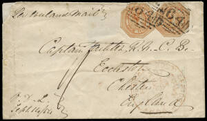 1854 (Sept.14) cover to England bearing 4d Couriers (2) cut to shape cancelled BN '64', crowned circle Hobart Ship letter mark, mss '1/-' and carried on P.& O."Madras" under first Steam Packet contract. Chester arrival backstamp 5 Dec.1854. &nbsp;Attractive.