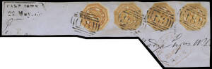 1855 (May 22) part envelope bearing 4d Couriers (4) cut to shape and struck with 1st allocation BN '18' alongside boxed CAMP TOWN handstamp. Plus "PRE-PAID 23 MY 1855" h/stamp in red. Scarce franking.