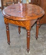 An unusual antique Australian circular table, profusely inlaid on all surfaces in Australian specimen timbers, the drawer attractively fitted for gaming, 19th century, ​​​​​​​79cm high, 77cm diameter - 5