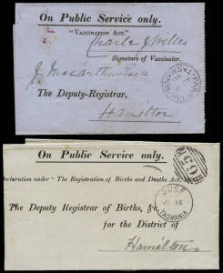 1874-1905 range of OPSO and Franked mail with signature franks for MLC's, Constables, Bailiffs, Vaccination Act, Registrar of Births & Deaths, Agricultural Statistics and Dead Letter Branch Returned Letter envelope. Useful range of country office datestam
