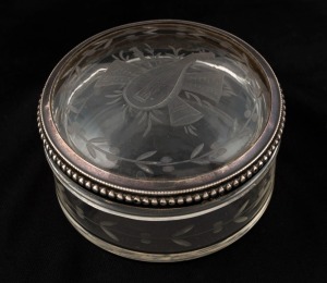 An antique glass trinket box with wheel engraved decoration and silver mount, 19th century, ​​​​​​​4.5cm high, 7.5cm diameter