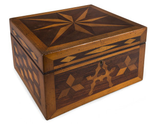 A rare Australian timber inlaid box with sunburst lid and tumbling box design, cedar, huon pine, blackwood, kauri and Baltic pine, 19th century,fitted with lift-out cedar tray, 21cm high, 31cm wide, 26cm deep