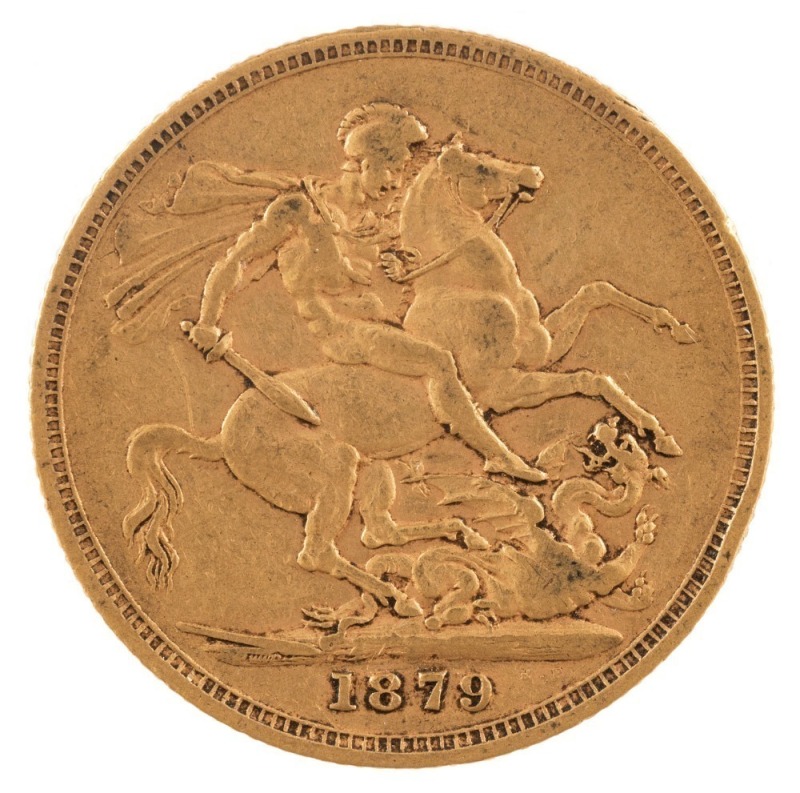 Coins - Australia: 1879 Sovereign, Young head, St. George reverse, Melbourne, VF.