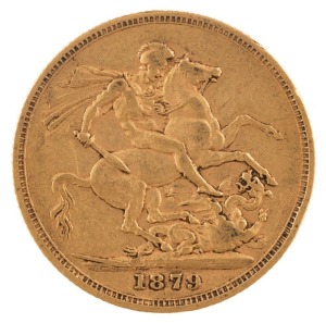 Coins - Australia: 1879 Sovereign, Young head, St. George reverse, Melbourne, VF.