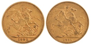 Coins - Australia: 1880 Sovereign, Young head, St. George reverse, Sydney; also, 1881 Melbourne, both VF. (2).