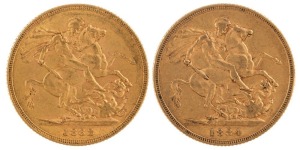 Coins - Australia: 1883 & 1884 Sovereigns, Young head, St. George reverse, Sydney, VF/EF. (2).