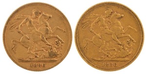 Coins - Australia: 1886 Sovereigns, Young head, St. George reverse, Sydney, VF+. (2).