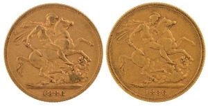 Coins - Australia: 1886 Sovereigns, Young head, St. George reverse, Sydney, VF+. (2).