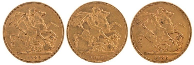 Coins - Australia: 1886 Sovereigns, Young head, St. George reverse, Melbourne, VF/VF+. (3).