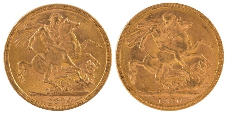 Coins - Australia: 1889 & 1890 Sovereigns, Jubilee head, St. George reverse, Melbourne, both EF. (2).