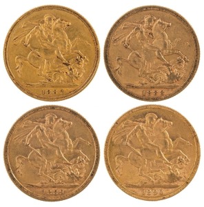 Coins - Australia: 1887, 1888, 1889 & 1890 Sovereigns, Jubilee head, St. George reverse, Melbourne, VF/EF. (4).