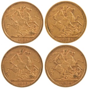 Coins - Australia: 1889 Sovereigns, Jubilee head, St. George reverse, Melbourne, VF/VF+ (4).