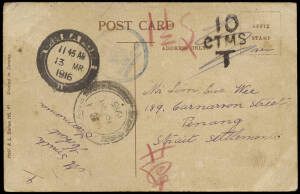 1916 group of postcards from USA and to Straits Settlements each struck with scarce crown in circle C.H.1/PASSED BY CENSOR rubber marking in blue or violet used at Hobart. &nbsp;Card to Straits Settlements underpaid and with "10/CTMS/T" marking.