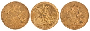 Coins - Australia: 1888, 1889 & 1890 Sovereigns, Jubilee head, St. George reverse, Sydney, VF/VF+. (3)