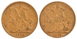 Coins - Australia: 1889 & 1890 Sovereigns, Jubilee head, St. George reverse, Sydney, VF/VF+. (2)