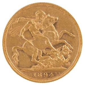 Coins - Australia: 1894 Sovereign, Veiled head, St. George reverse, Melbourne, aUnc.