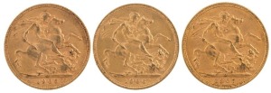 Coins - Australia: 1905, 1906 & 1907 Sovereigns, Edward VII, St. George reverse, Melbourne, VF/EF. (3).