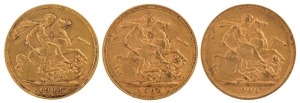 Coins - Australia: 1904, 1905 & 1906 Sovereigns, Edward VII, St. George reverse, Melbourne, VF/EF. (3).