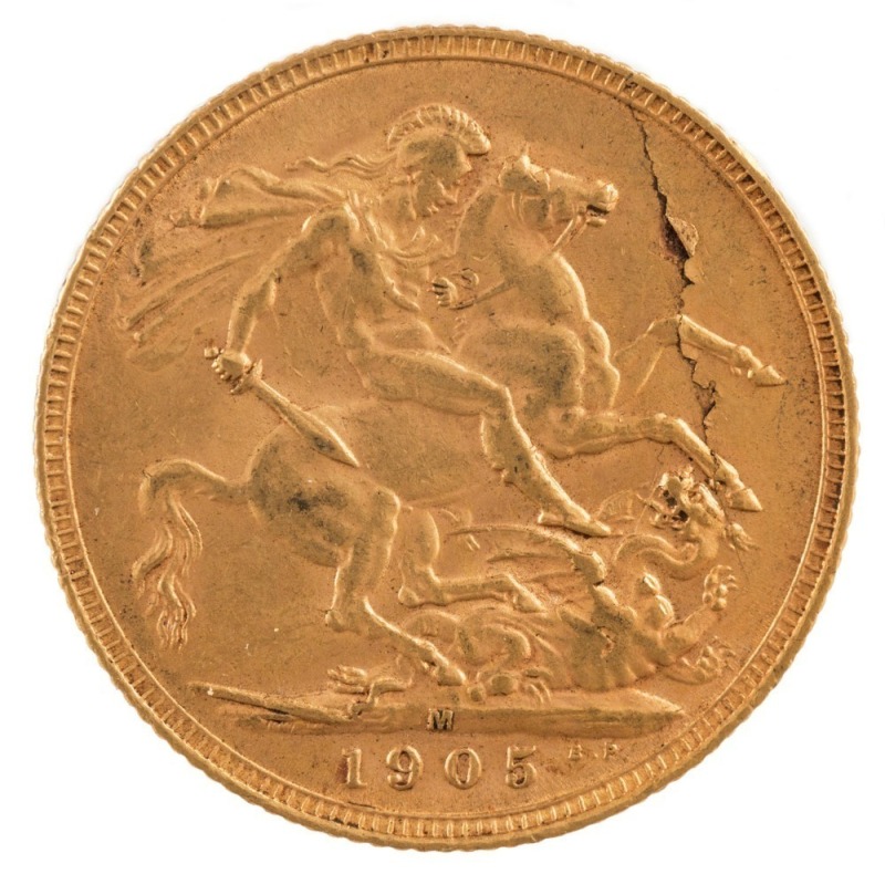 Coins - Australia: 1905 Sovereign, Edward VII, St. George reverse, Melbourne, aUnc, with significant plate crack on reverse.