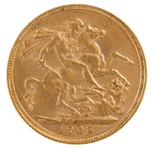 Coins - Australia: 1908 Sovereign, Edward VII, St. George reverse, Melbourne, aUnc.