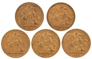 Coins - Australia: 1904, 1905, 1906, 1907 & 1908 Sovereigns, Edward VII, St. George reverse, Melbourne, EF. (5).