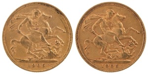 Coins - Australia: 1905 Sovereigns, Edward VII, St. George reverse, Melbourne, EF. (2).