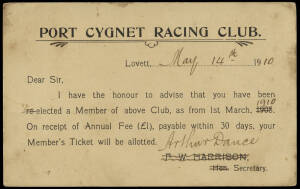 1884-1912 range of postal stationery incl. QV & KEVII postal cards with printed messages (noted Mathinna & Port Cygnet Racing Clubs), PTPO Savings Bank Packets (2) & envelopes for Roberts and AG Webster. Registered envelope cto & 1910 use of KEVII&nbsp;&frac12;d news