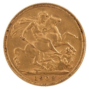 Coins - Australia: 1908 Sovereign, Edward VII, St. George reverse, Sydney, EF; plate crack variety to obverse.