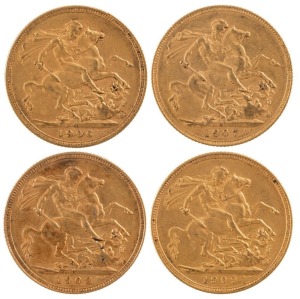 Coins - Australia: 1906, 1907, 1908 & 1909 Sovereigns, Edward VII, St. George reverse, Sydney, VF/EF. (4).