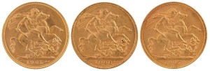 Coins - Australia: 1905, 1906 & 1907 Sovereigns, Edward VII, St. George reverse, Perth, EF/Unc. (3).