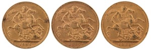 Coins - Australia: 1906, 1907 & 1908 Sovereigns, Edward VII, St. George reverse, Perth, VF/EF (3).