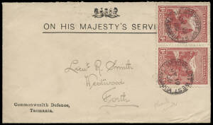 1905 (July 19) OHMS envelope for "Commonwealth Defence, / Tasmania", Devenport to Lieut. R. Smith, Forth, franked with 1d Pictorial pair. A scarce and attractive military usage.